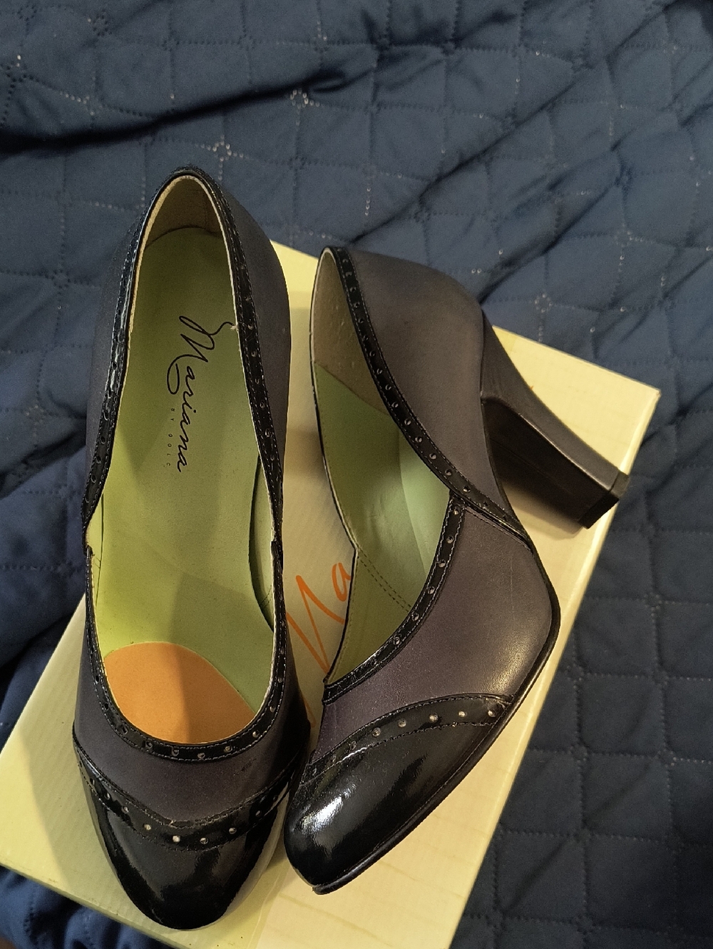 Mariana Vintage Navy Two-Tone Block Heel Pumps with Patent Cap Toe